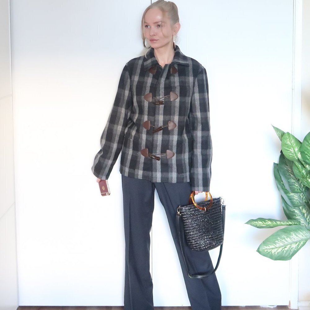 Unisex Shades of Grey By Micah Cohen Wool / Viscose Blend Plaid Coat